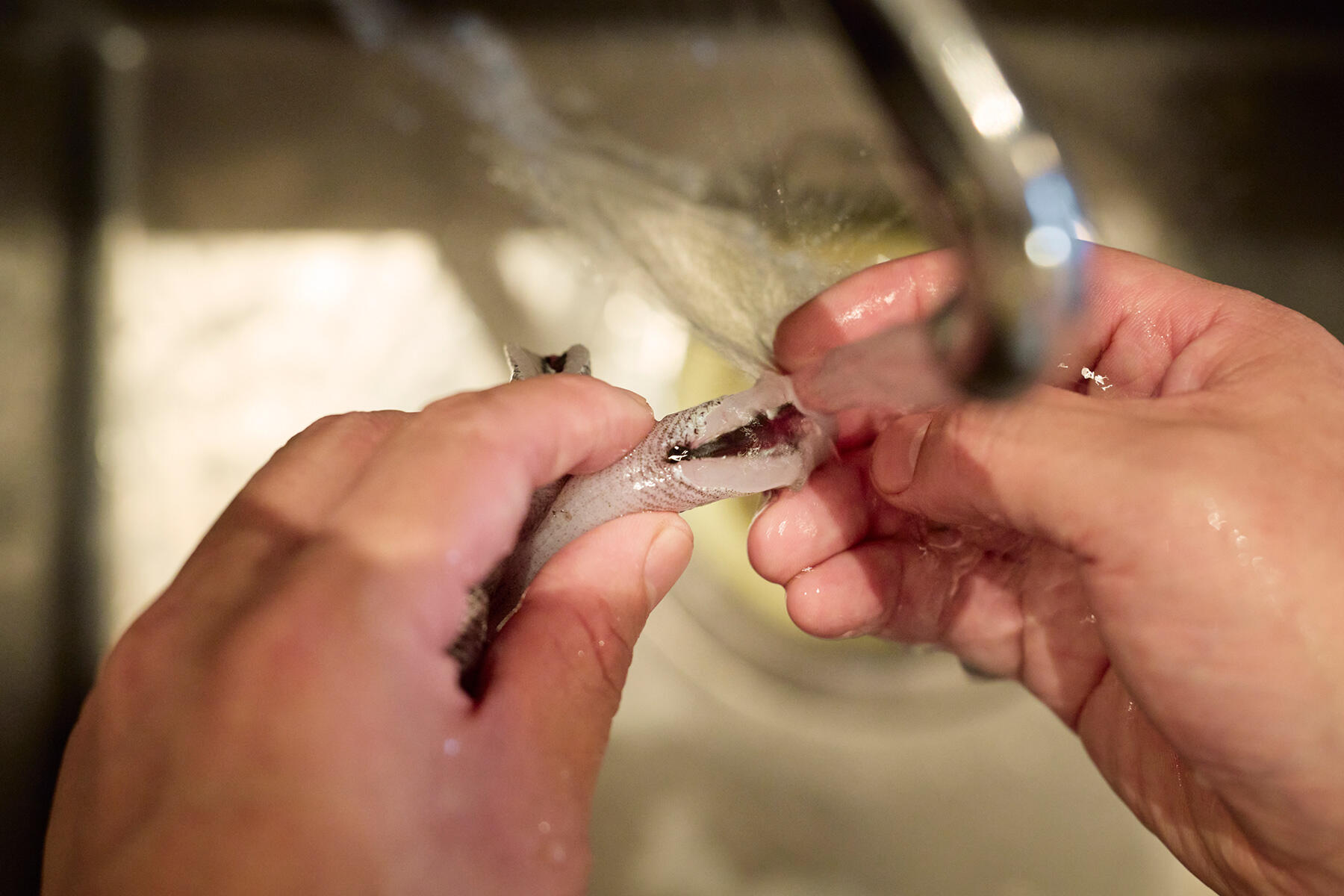 内臓をかき出し、鱗も洗い流す