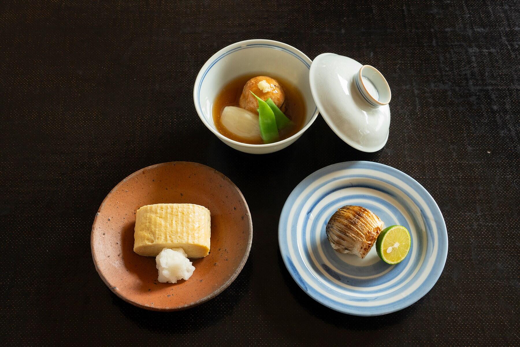 だし巻き、ひろすと大根の炊き合わせ、アジの干物焼き