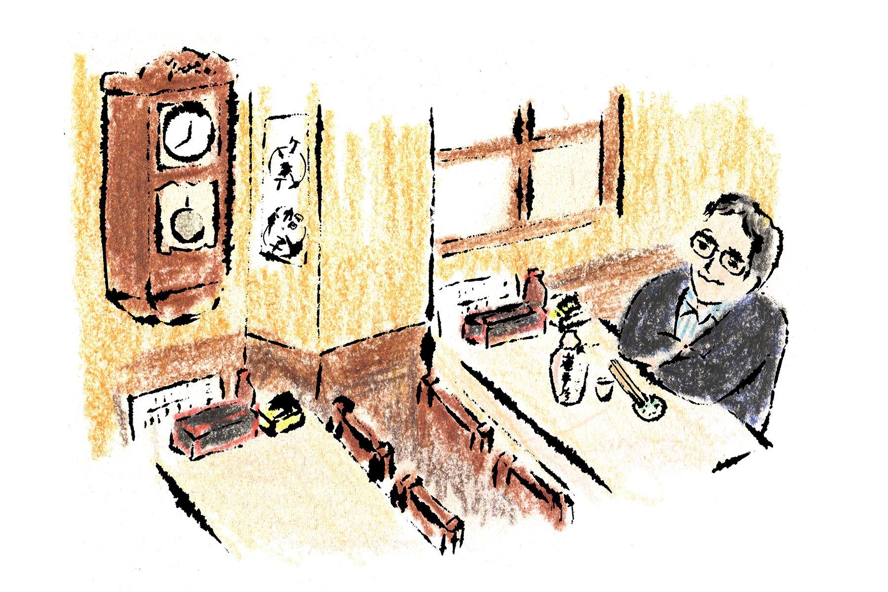 もともとはこの店の2階に住む母の部屋にあったという柱時計。店の静かなざわめきと同調するような、棒鈴の音が響かせる。