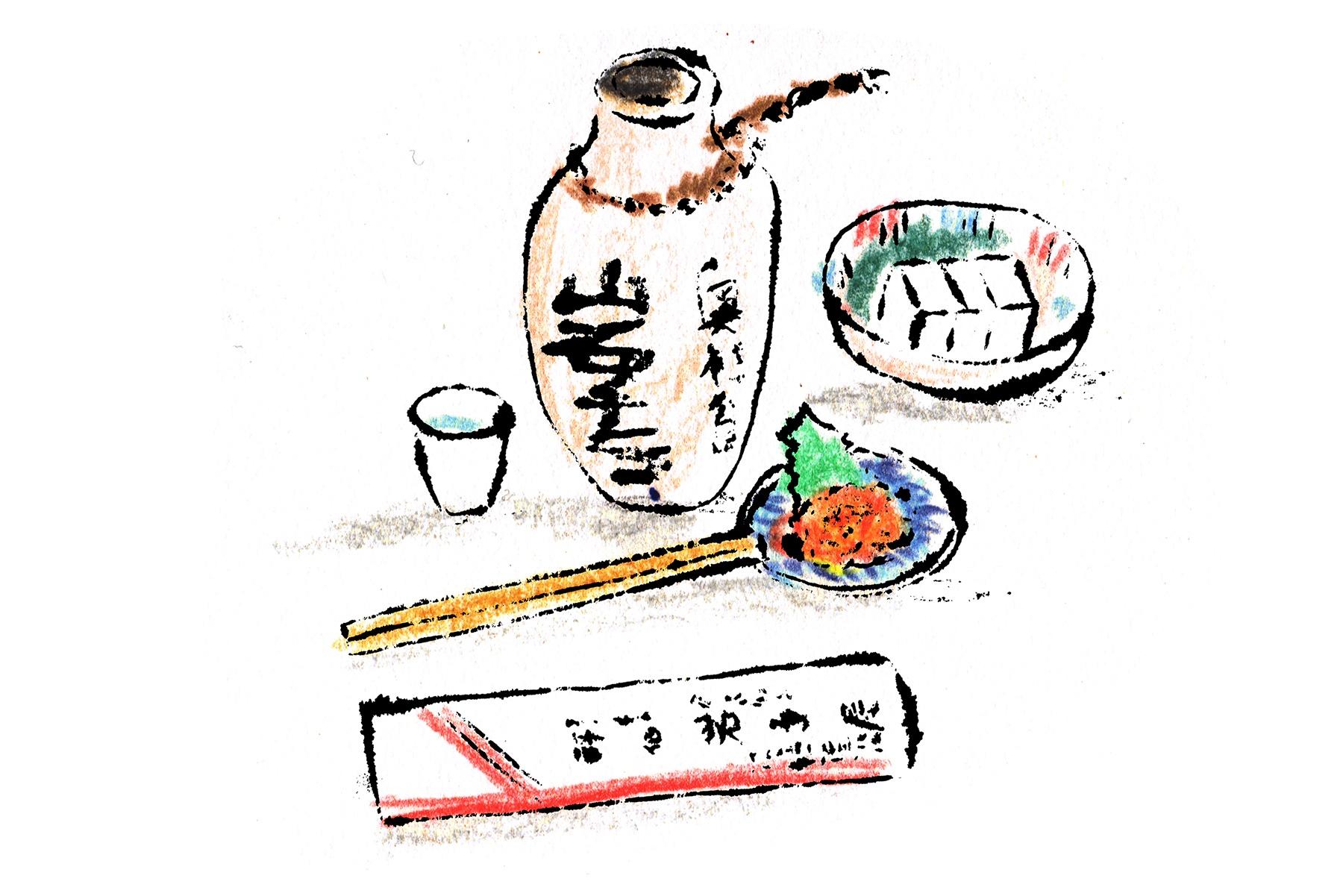 「岩手屋」には“盛岡の味”なるつまみが連なる。莫久来(ばくらい)、ホヤ、みちのく納豆、小岩井チーズ。カウンターの前に掲げられた品書きの筆文字もとても味わい深いのでどうぞご注目を。