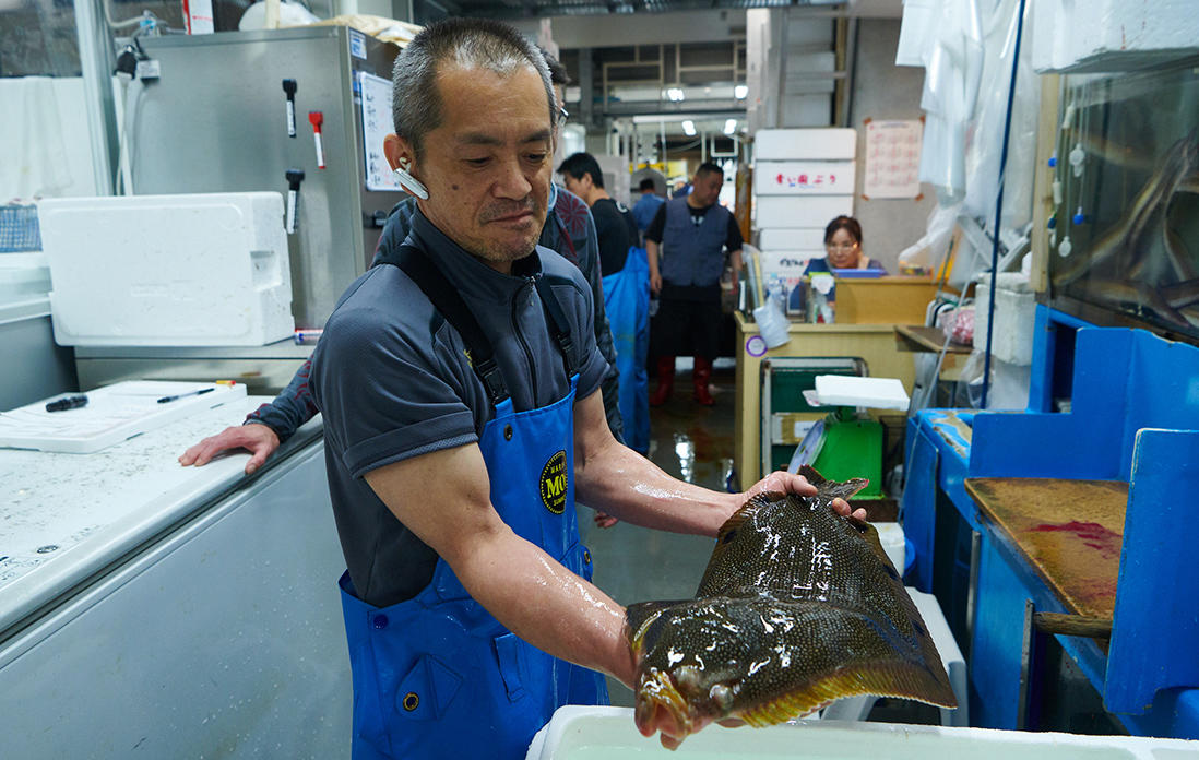 豊洲市場内「工藤水産」の活けの星かれい。