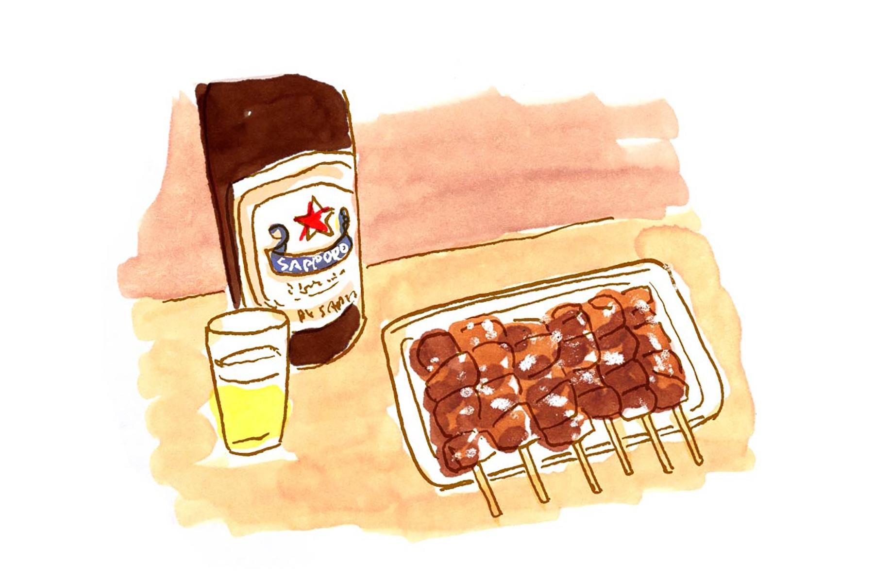 冷え冷えの大瓶とかしらのみそ焼き。脳天直撃!の爆発力ある旨さ!