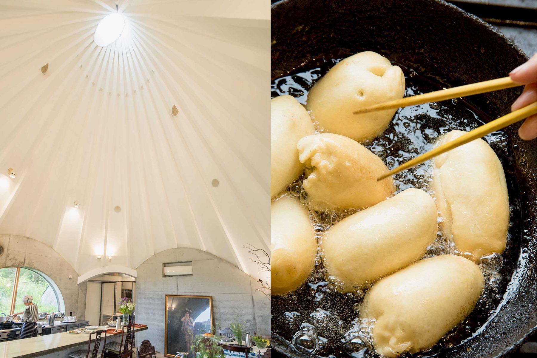 テントのように見える外観とは裏腹に、内部は教会のような趣。キッチンのすぐ手前に設えた大きなテーブルでは、ゲストの目の前で料理が仕上げられていく。この日の粉物おかず“ピロシキ”も、揚げたての熱々が出される。