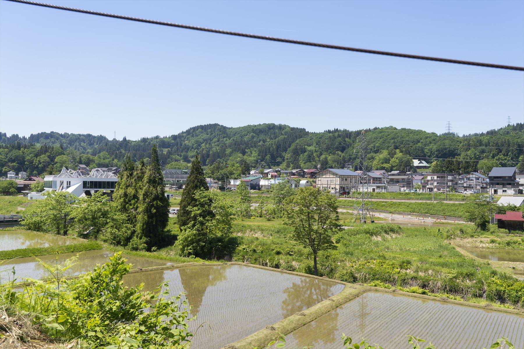 松代に広がる田園風景。山や川、木々の緑に田んぼの姿は果たして自然なのかな。と思ったら、目の前に電線が。