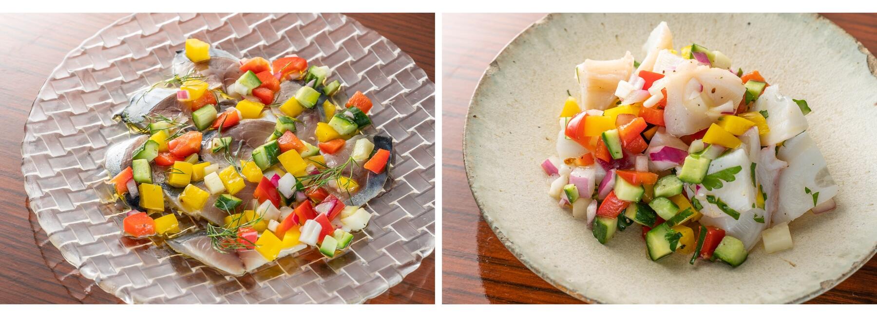 宮城産サバ（左）とタコ（右）のカルパッチョサルピコンソース