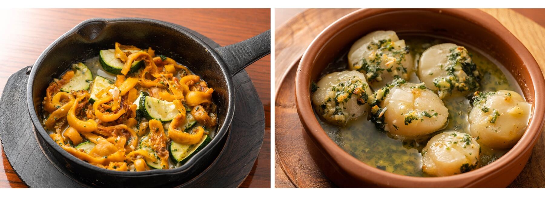 宮城産ホヤ（左）とホタテ（右）のアルマ特製ハーブバター焼き