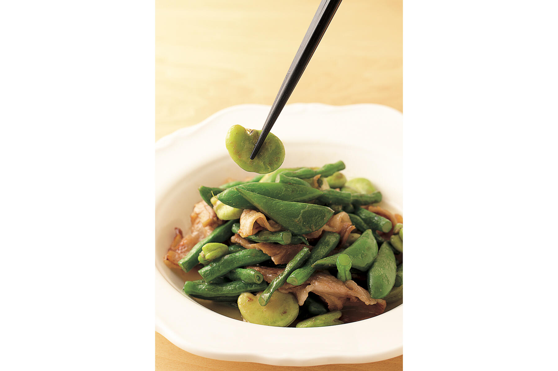 そら豆とスナップえんどうの塩回鍋肉