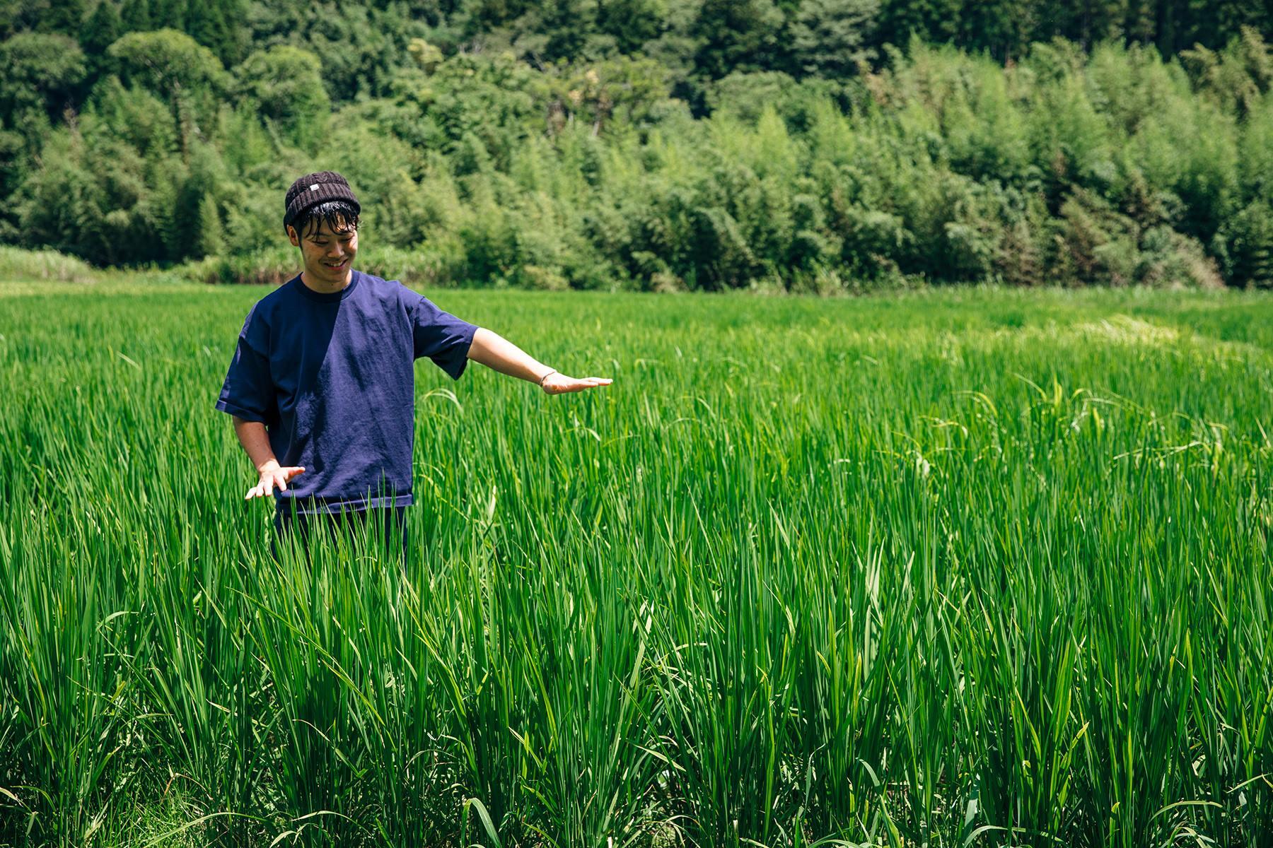 田んぼに立つ男性