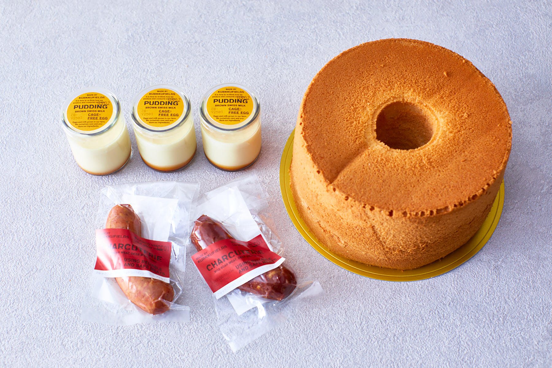 シャルキュトリー、シフォンケーキ、プリン