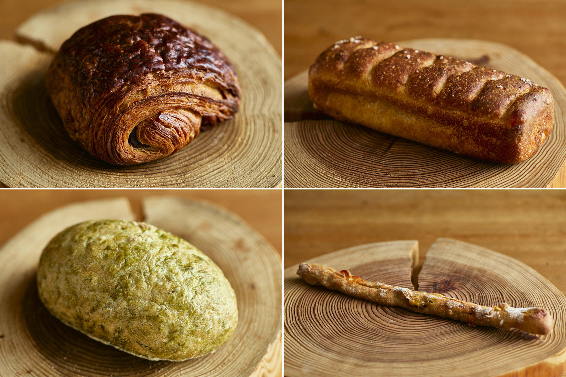 左上から時計回りに“パンオショコラ”、“オリーブオイルとじゃがいものフォカッチャ”、“いぶりがっこバトン”、“ムーあおさ”