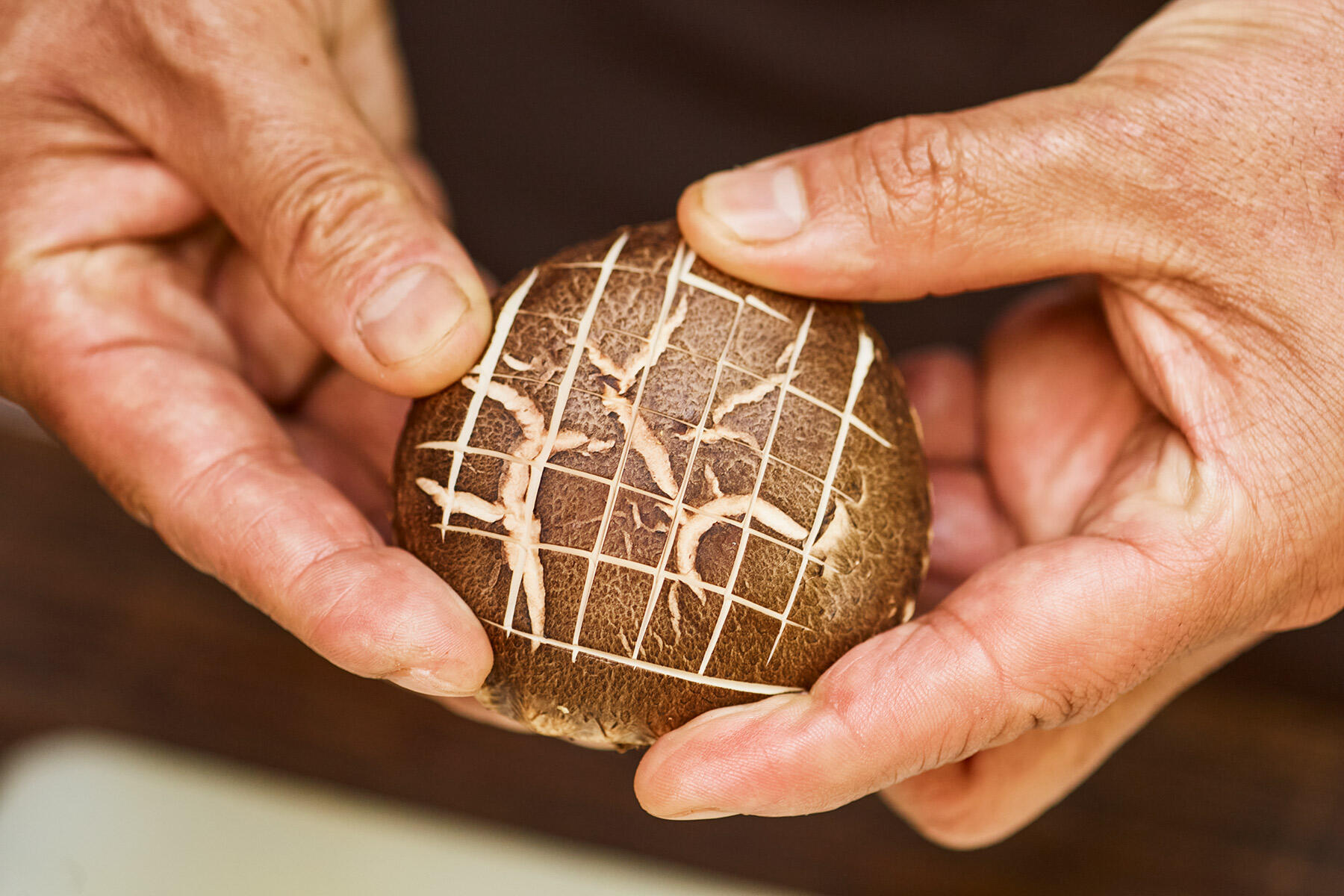 椎茸に包丁を入れる