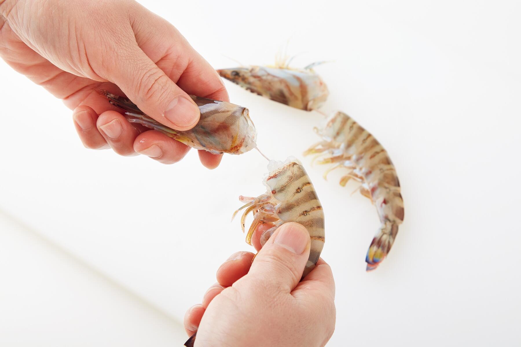 エビの頭を取る