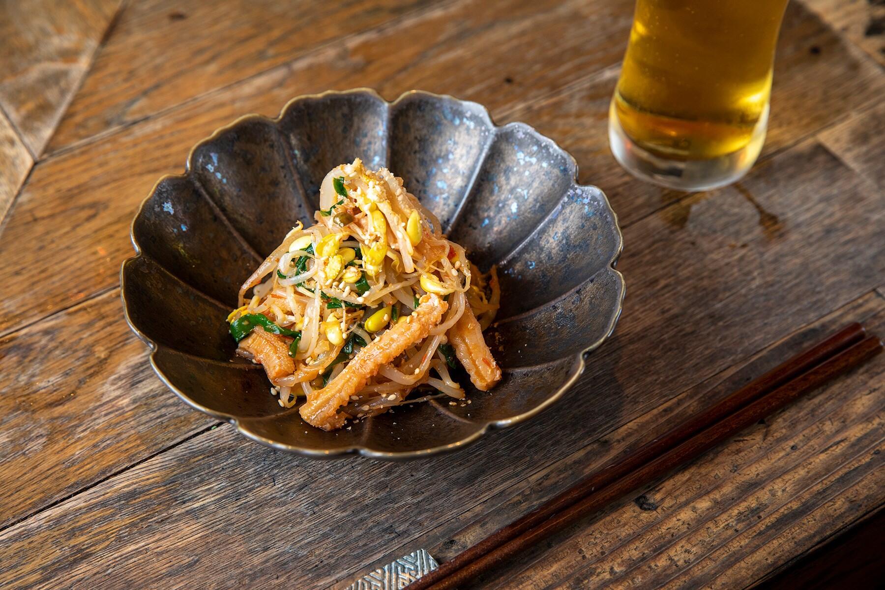 ピリ辛ミノもやし、生ビール