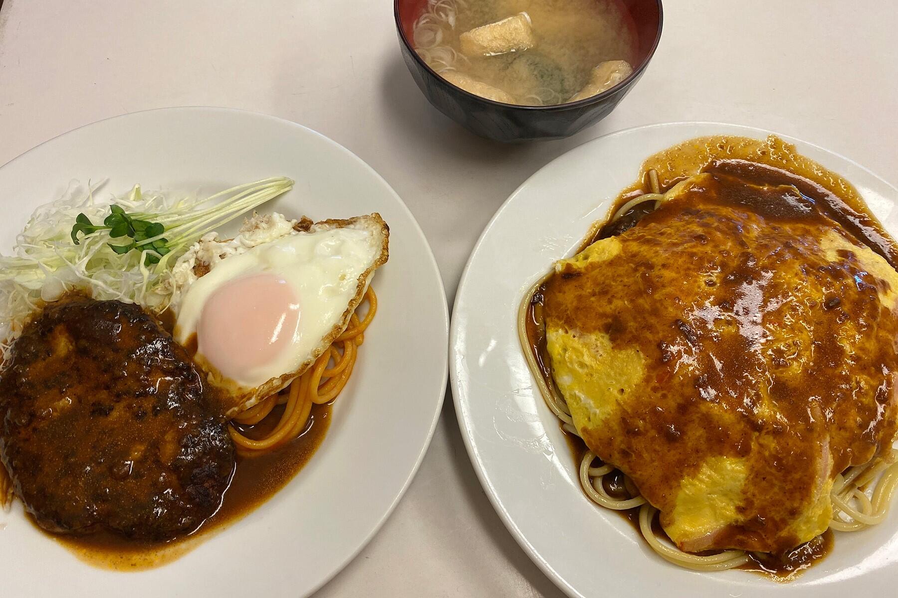 ハンバーグ、スパゲティ・イタリアン、味噌汁