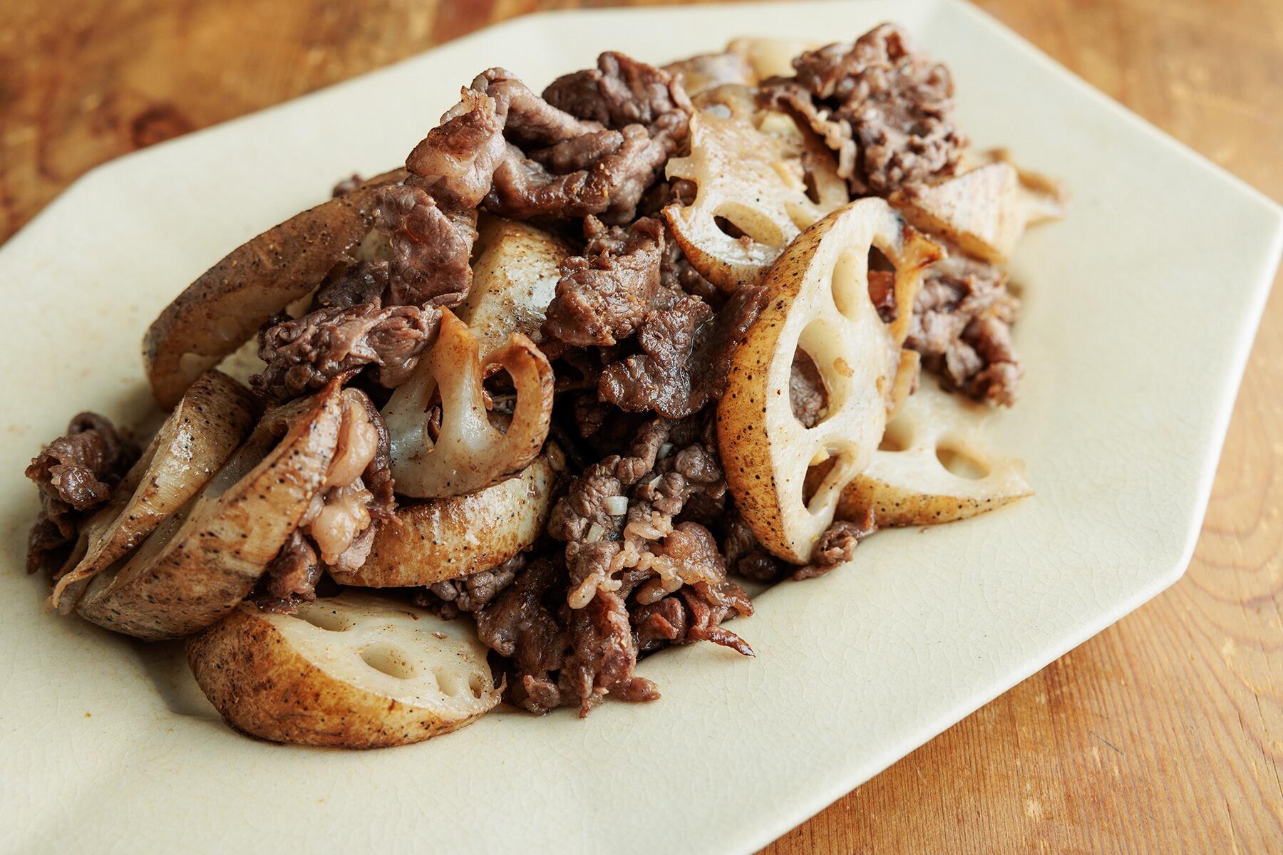 れんこんと牛肉の花椒炒め