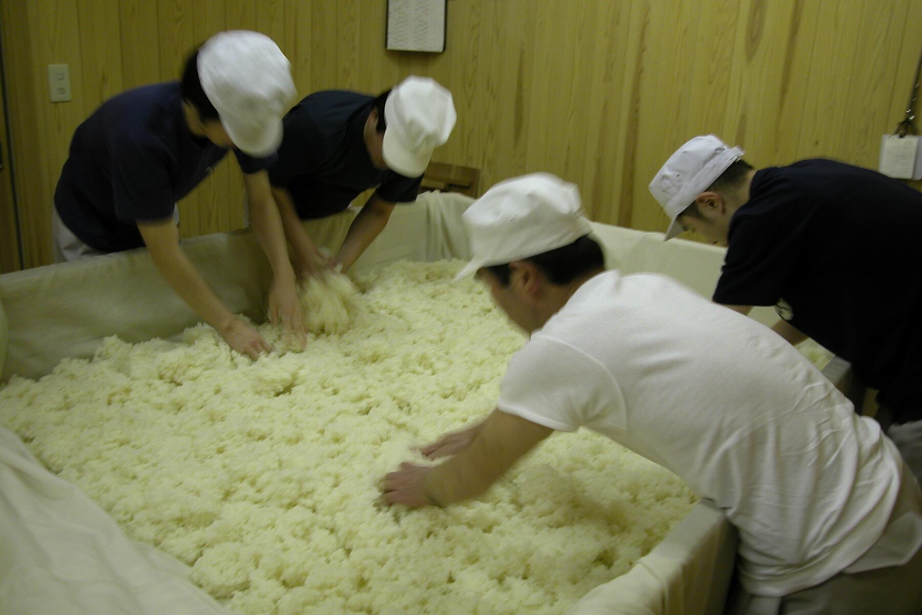 蒸し上がった酒米は手作業で掘り起こし、蔵人によって麹室に運ばれる。江戸中期に建てられた古い木造蔵にもうもうと湯気が立ち込め、幻想的な光景が繰り広げられていた。