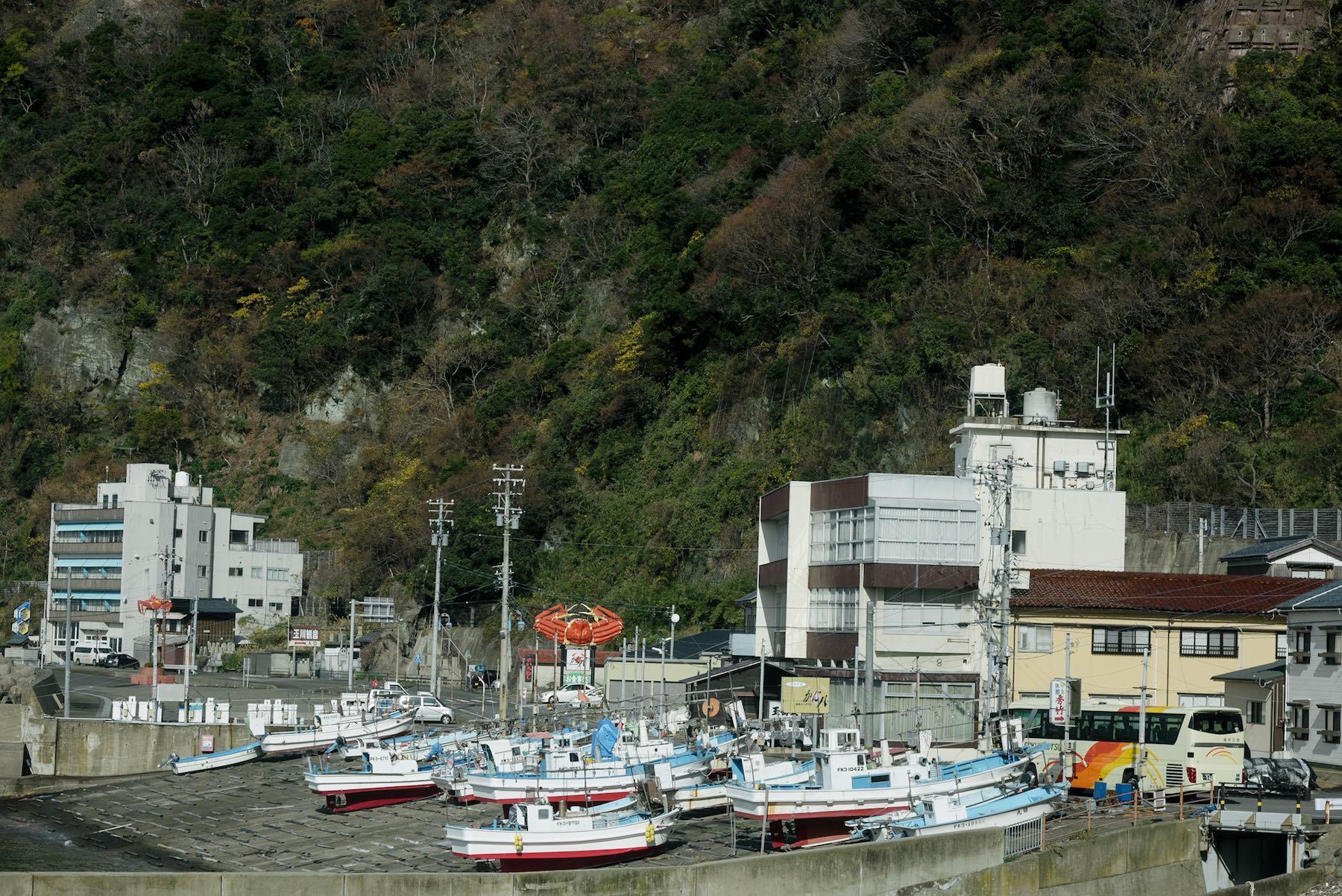 国道305号線。蟹の売店や食事処が連なる通称“カニ街道”をバスは軽快に走り抜けて行く。