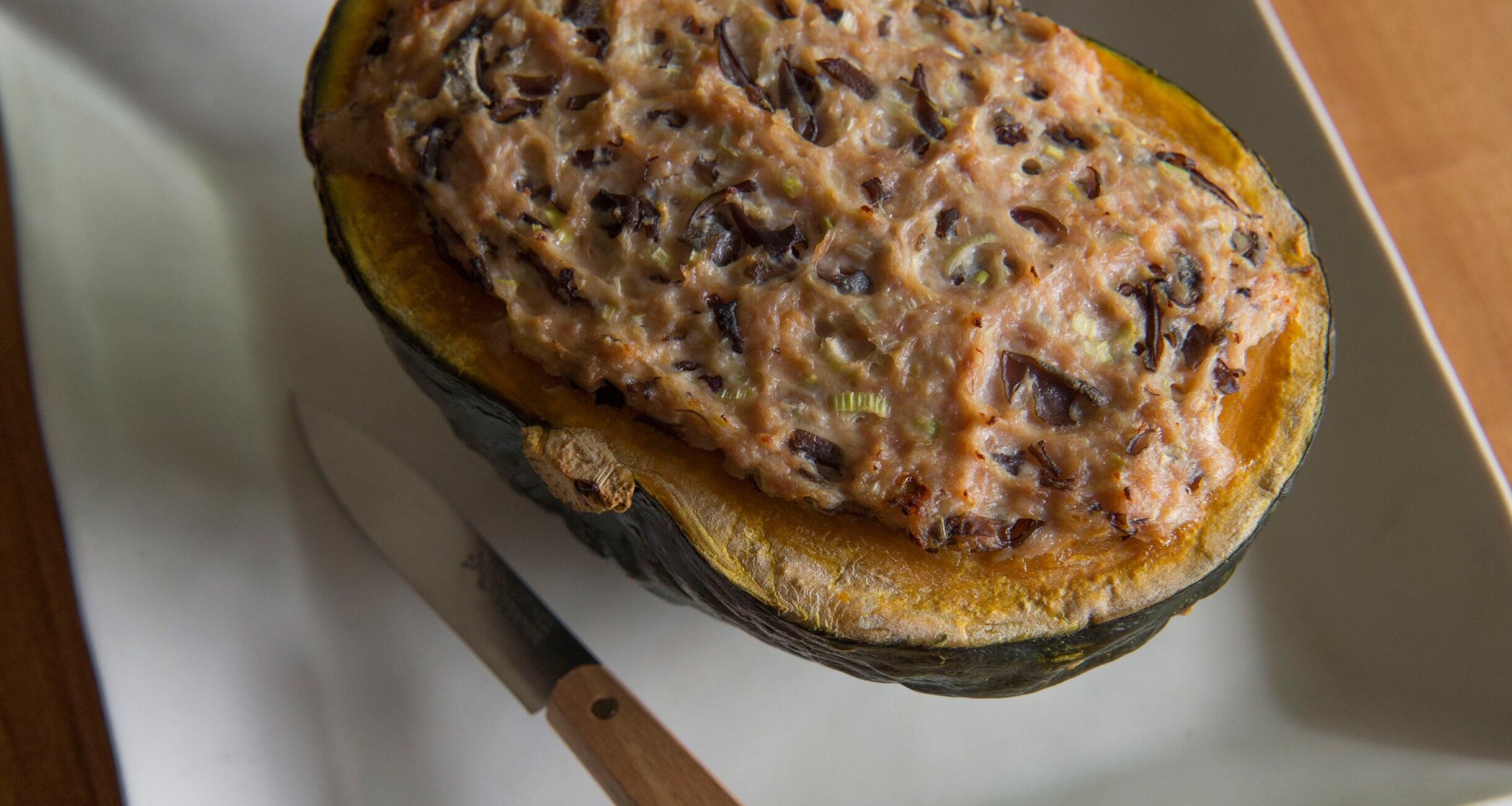 かぼちゃの味噌風味挽き肉詰め焼き