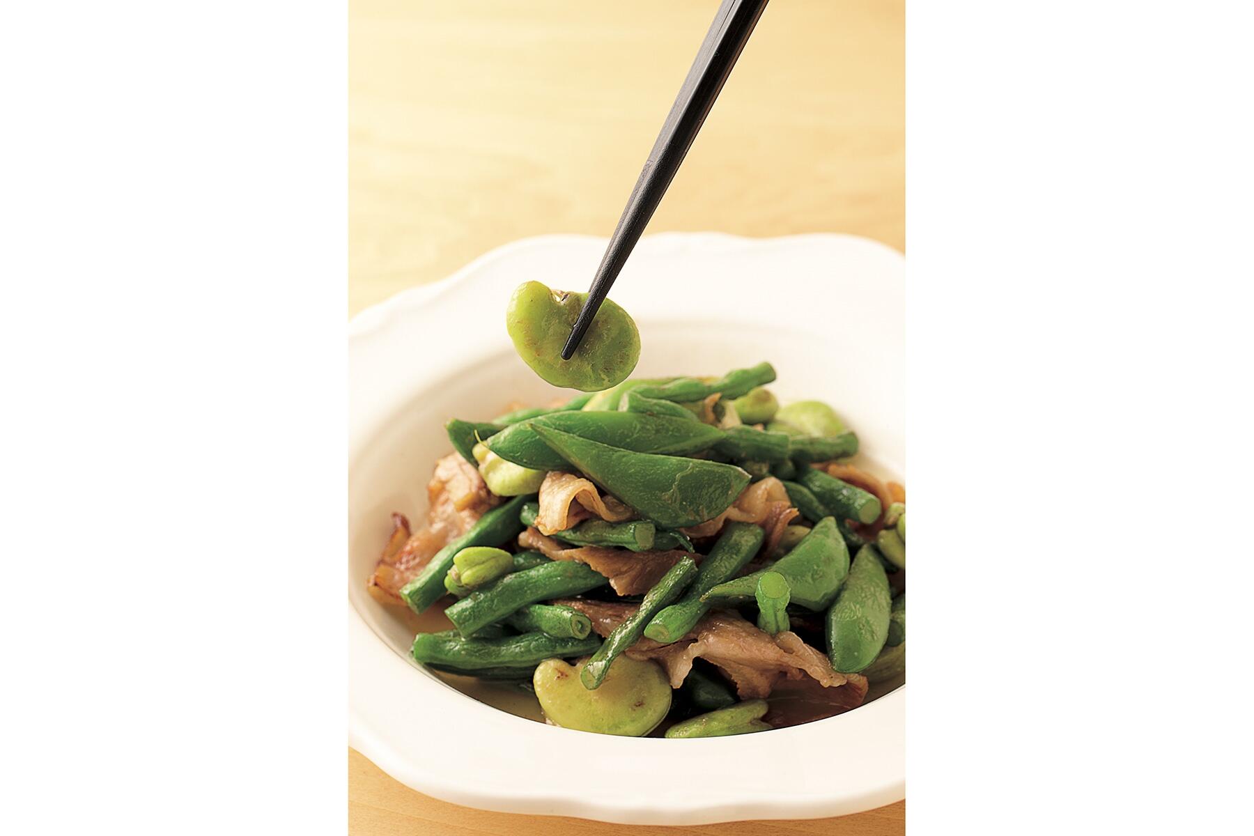 腐乳のまろやかなコクが魅力の“そら豆とスナップえんどうの塩回鍋肉”