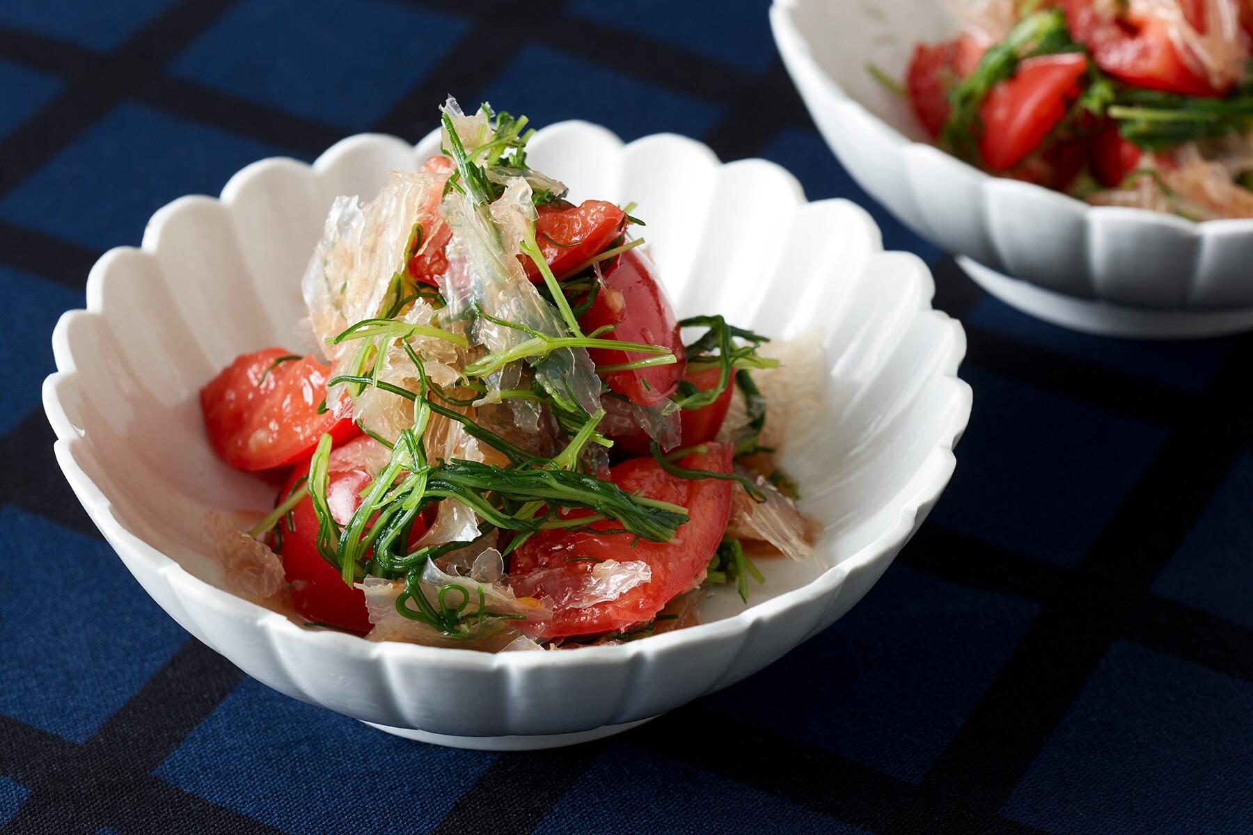 シャキッと美味しいミネラル豊富な“寒天とフルーツトマト、おかひじきのサラダ”